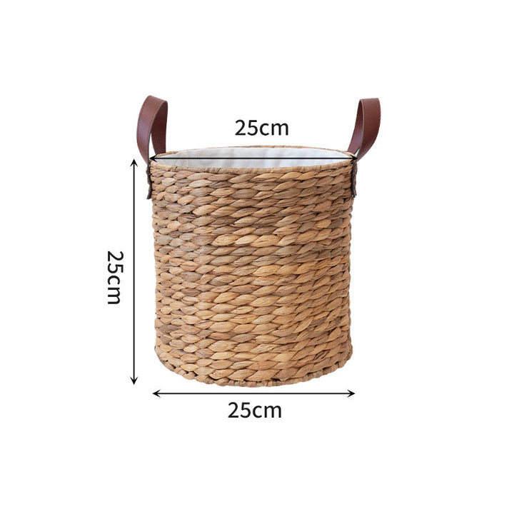Braided storage basket with leather handles