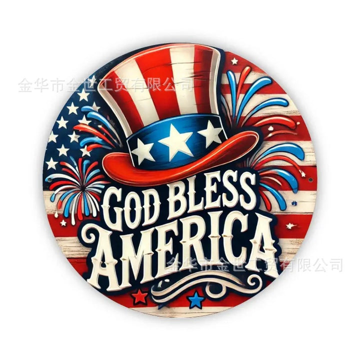 Independence Day rustic round wooden patriotic cross wall plaque with floral accents and God Bless America banner Bowlift