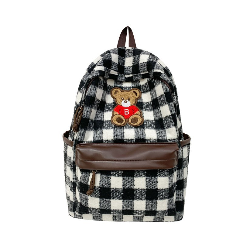 Teddy Bear Appliqué Checked Backpack