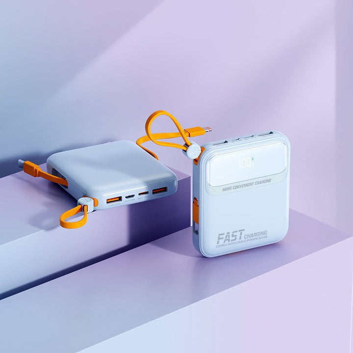 Compact power bank with integrated cable management and digital charge level display Bowlift