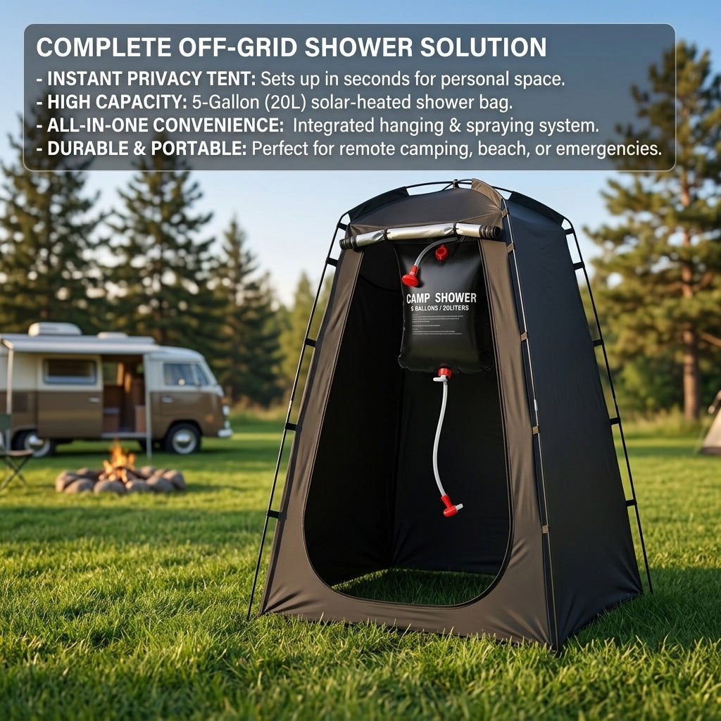 Portable camping shower privacy tent with five gallon solar shower bag and pop up foldable pole system Bowlift