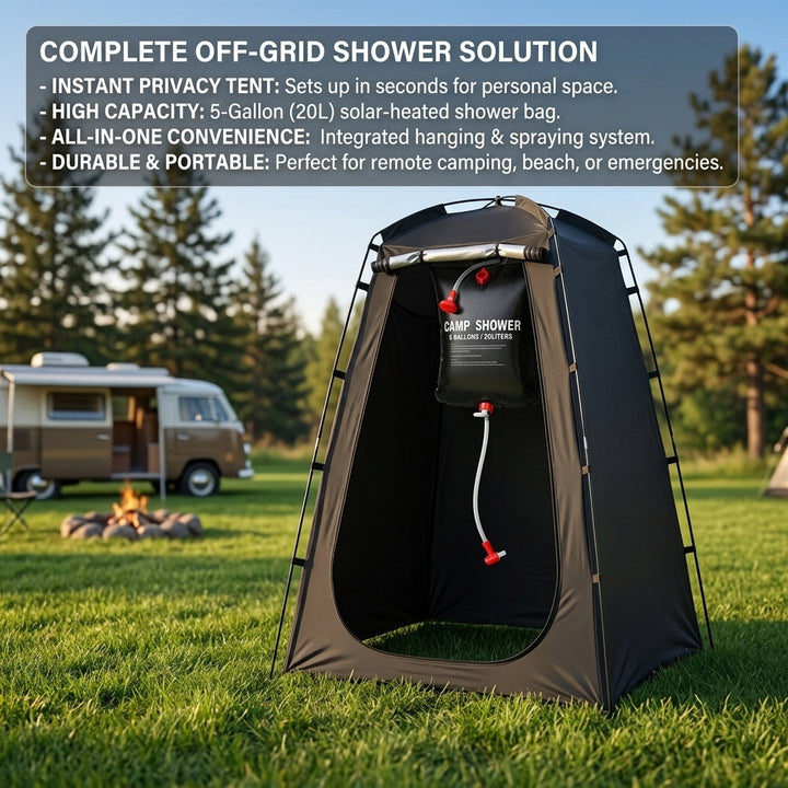 Portable camping shower privacy tent with five gallon solar shower bag and pop up foldable pole system Bowlift
