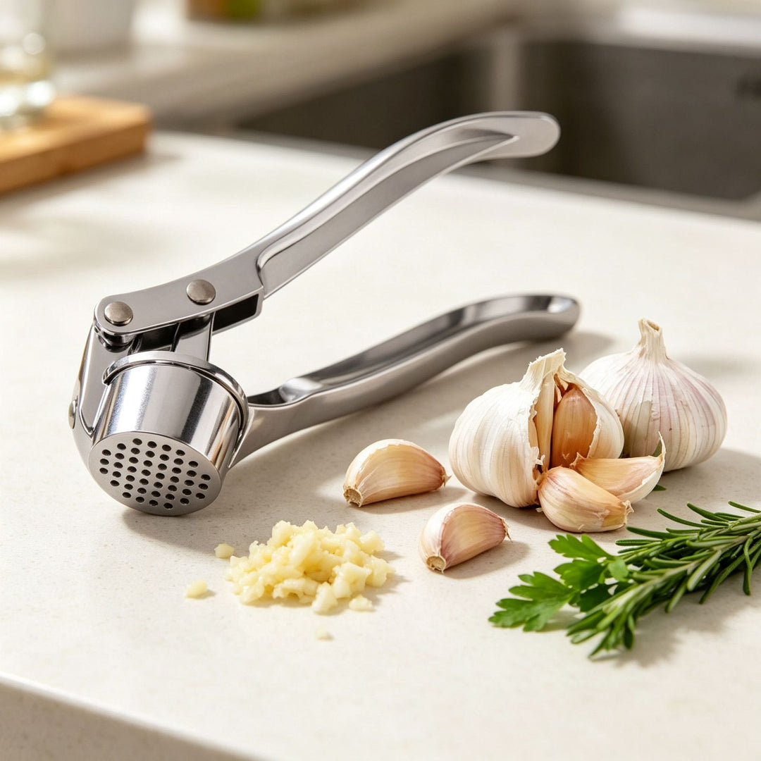 Heavy-Duty Stainless Steel Garlic Press with Ergonomic Leverage Handle Bowlift