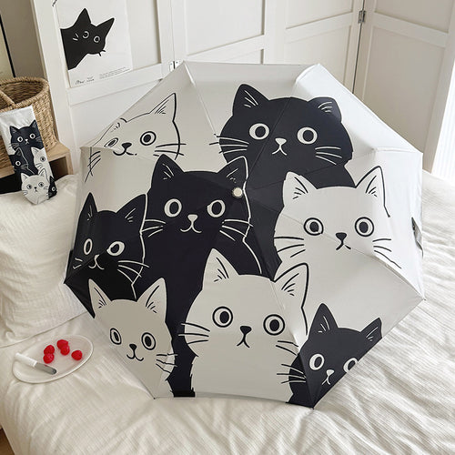 Women Folding Umbrella with Playful Cat Pattern Bowlift
