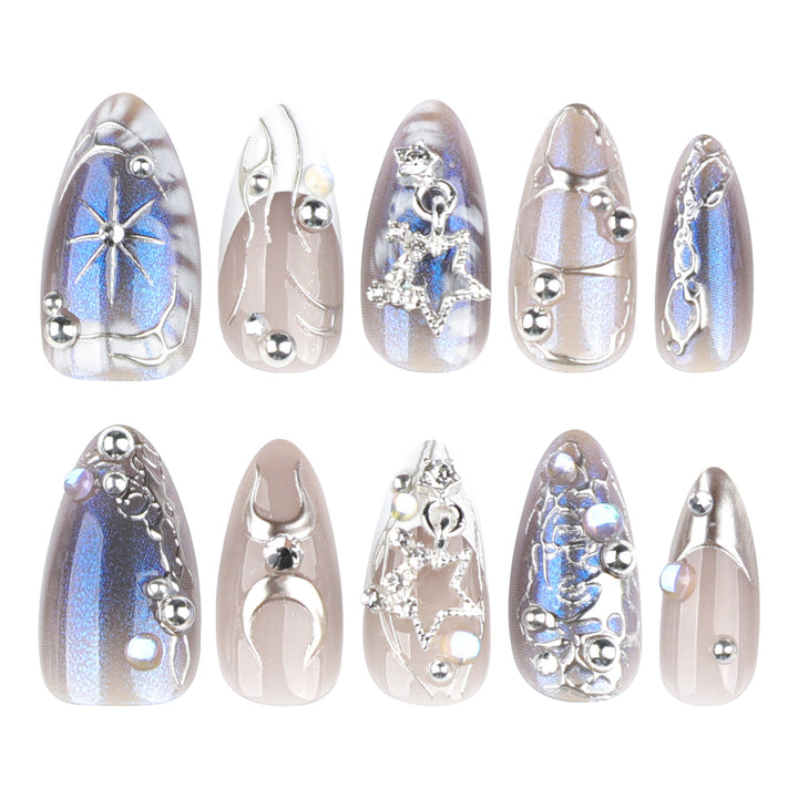 Artful Nail Extensions with Shiny Metal Accents Bowlift