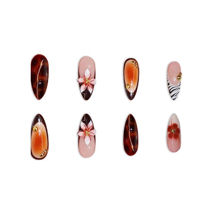 Artistic Press-On Nail Set with Floral Accents Bowlift