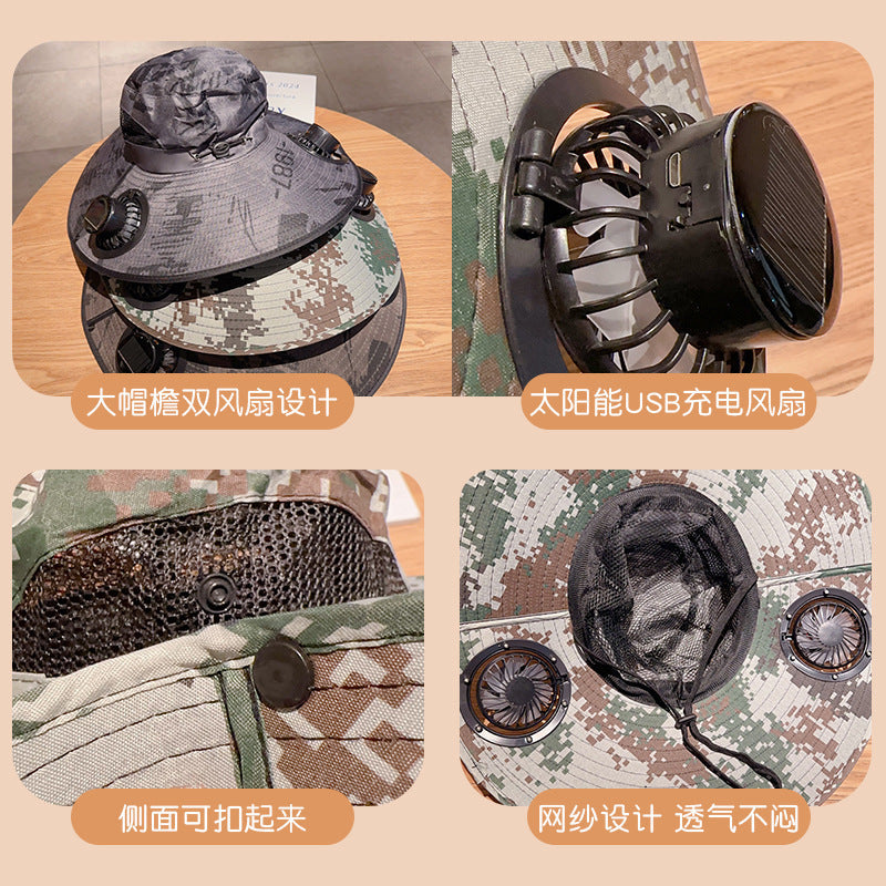Bbreathable sun hat with two integrated mini fans, wide brim and adjustable chin strap Bowlift