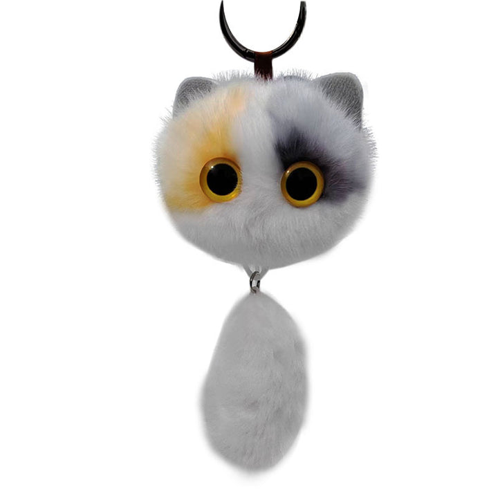 Plush Cat Pom Pom Keychain with Long Faux Fur Tail and Large Expressive Eyes Bowlift