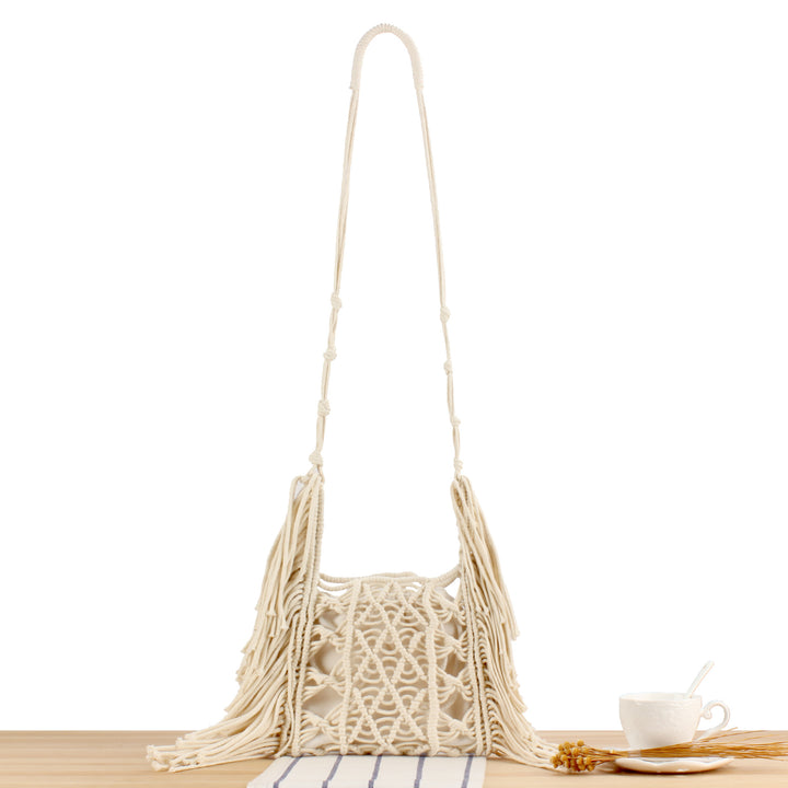 Creative Macrame Shoulder Bag with Fringe Bowlift