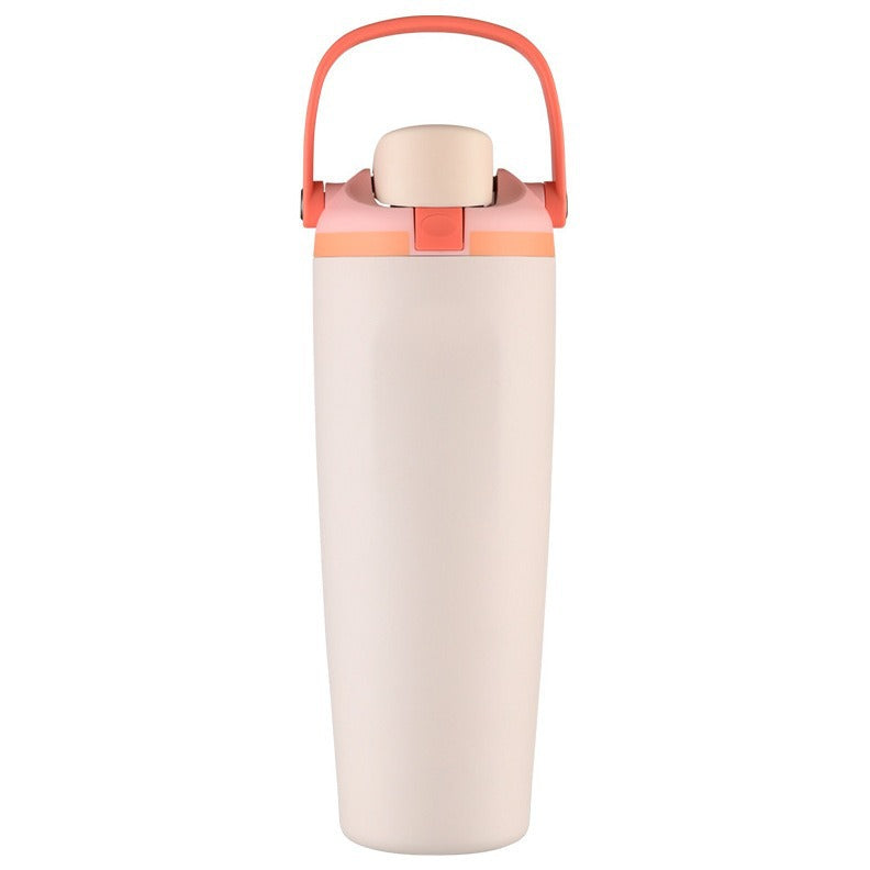 Unisex double-walled vacuum drinking bottle made of stainless steel with one-handed click closure and carrying handle Bowlift