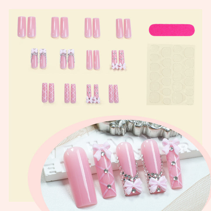 Decorative Press-On Nail Set with Elegant Bow and Gem Accents Bowlift 1788496283