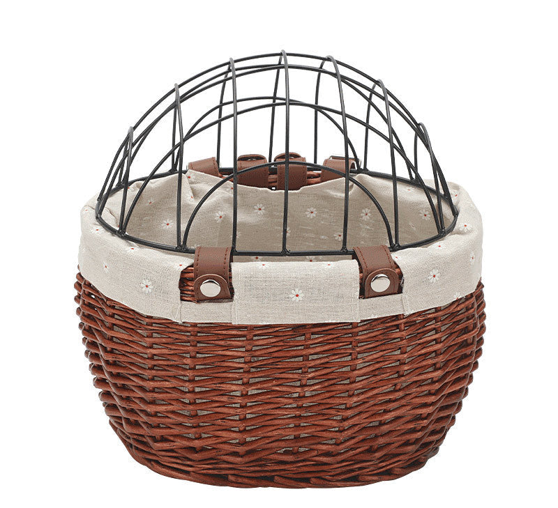 woven rattan pet carrier basket with detachable linen liner and foldable metal safety dome Bowlift
