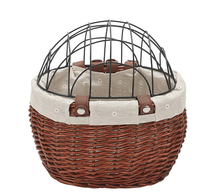 woven rattan pet carrier basket with detachable linen liner and foldable metal safety dome Bowlift