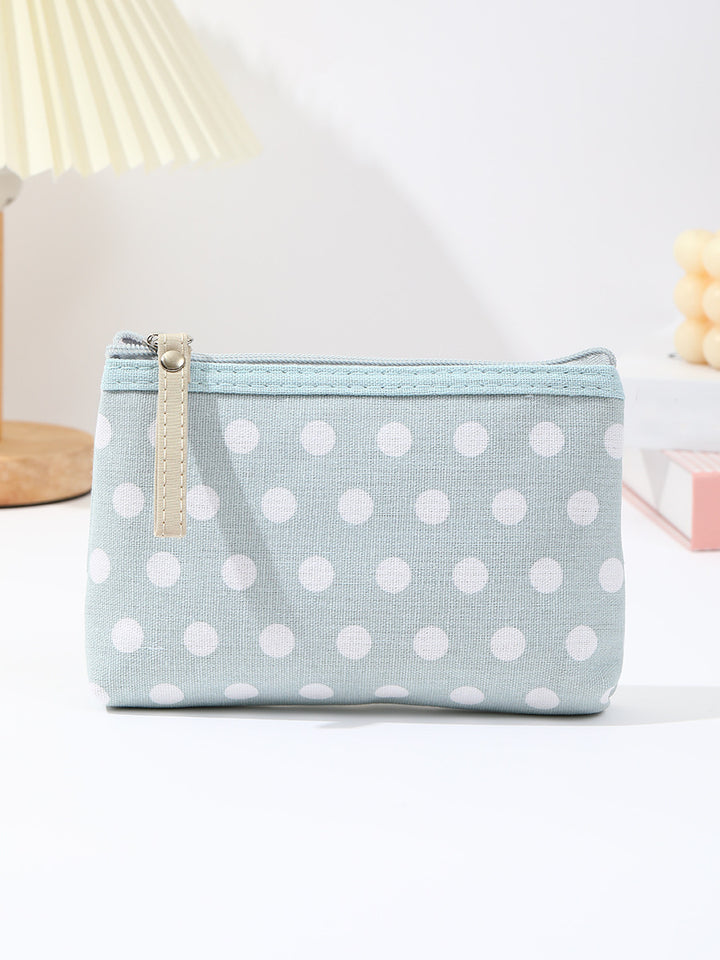 Canvas polka dot cosmetic pouch with zippered faux leather pull Bowlift