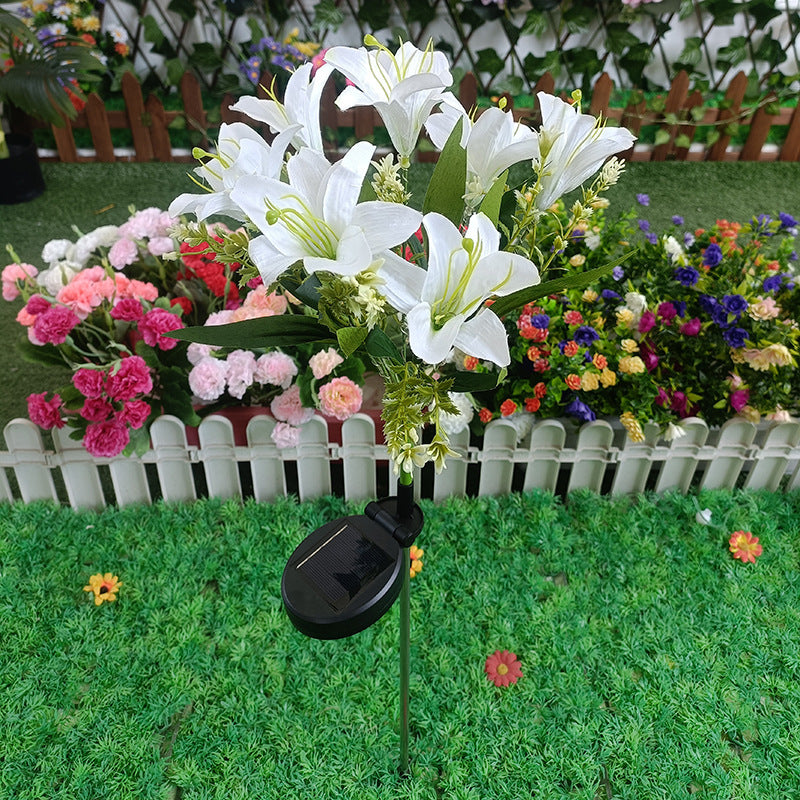 Solar LED Lily Garden Stake Light With Integrated Fairy String And Lifelike Silk Petals Bowlift