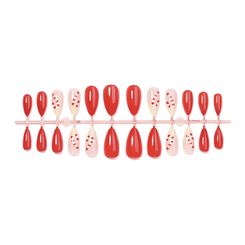Seasonal Press-On Nail Art Set with Candy Cane and Glossy Finish Bowlift