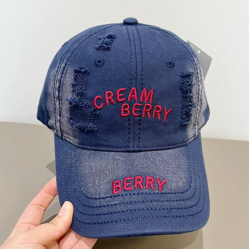 Distressed Denim Baseball Cap with Unique Embroidery