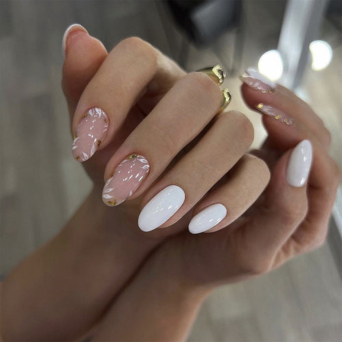 Artistic nail designs with glitter and floral accent Bowlift