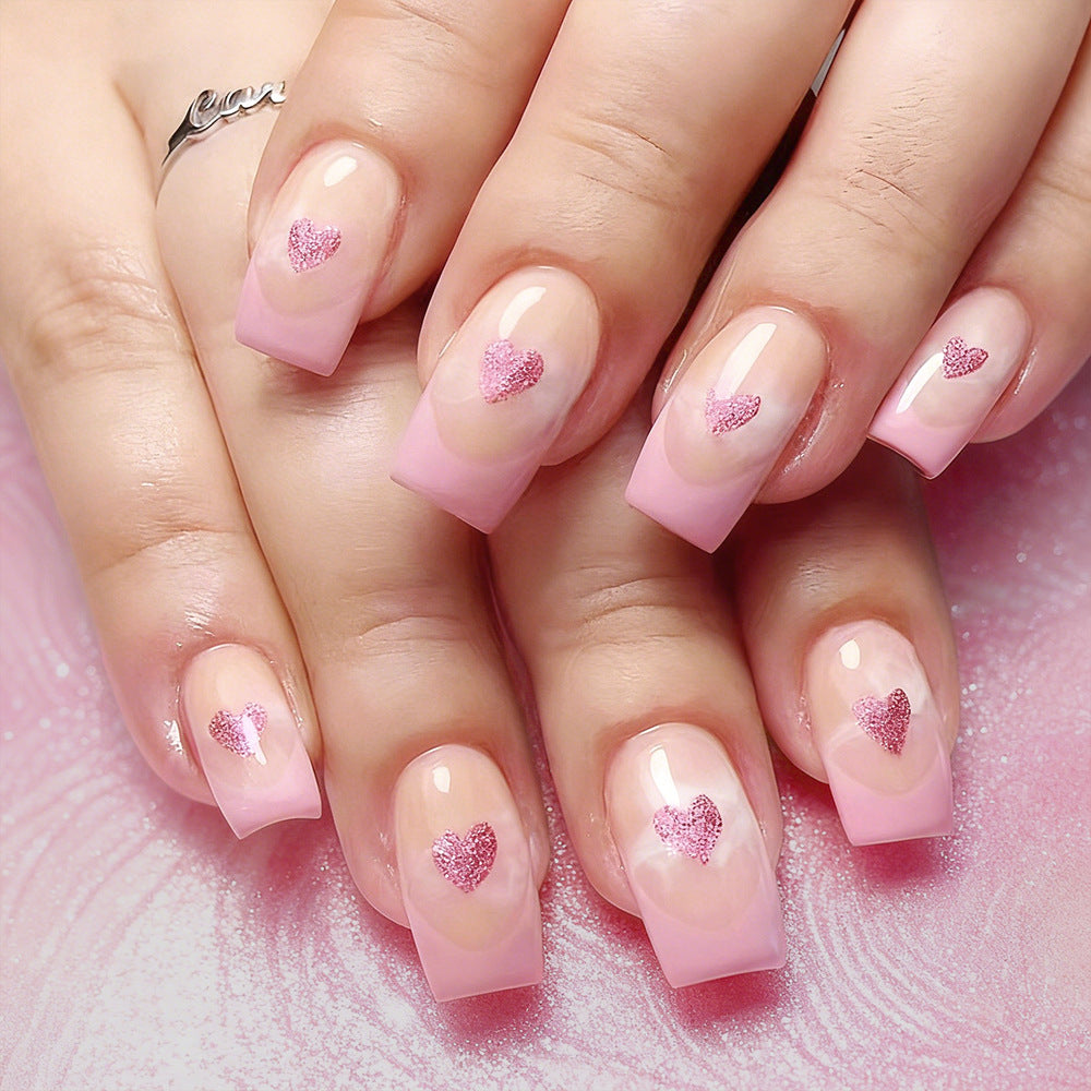 Heart-Embellished French Tip Acrylic Nails Bowlift