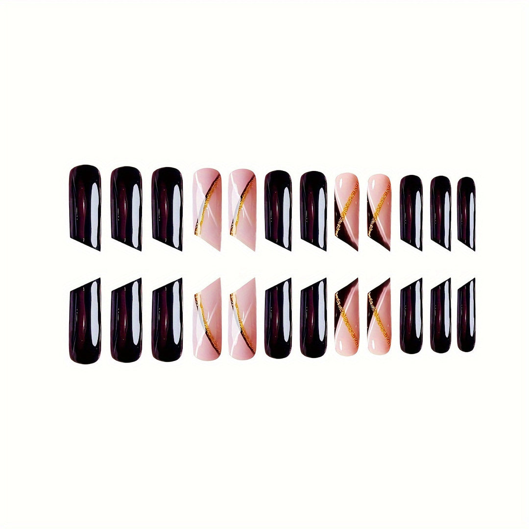Elegant Stiletto Nail Enhancements with Golden Accents Bowlift