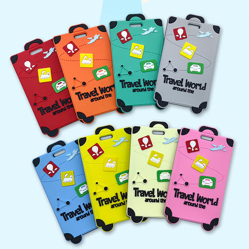 playful silicone luggage tag with clear ID window and embossed travel icons Bowlift