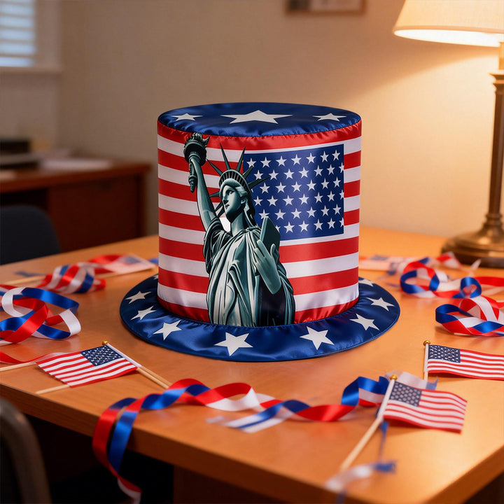 Unisex non-patriotic party top hat with stars and stripes pattern made of satin Bowlift
