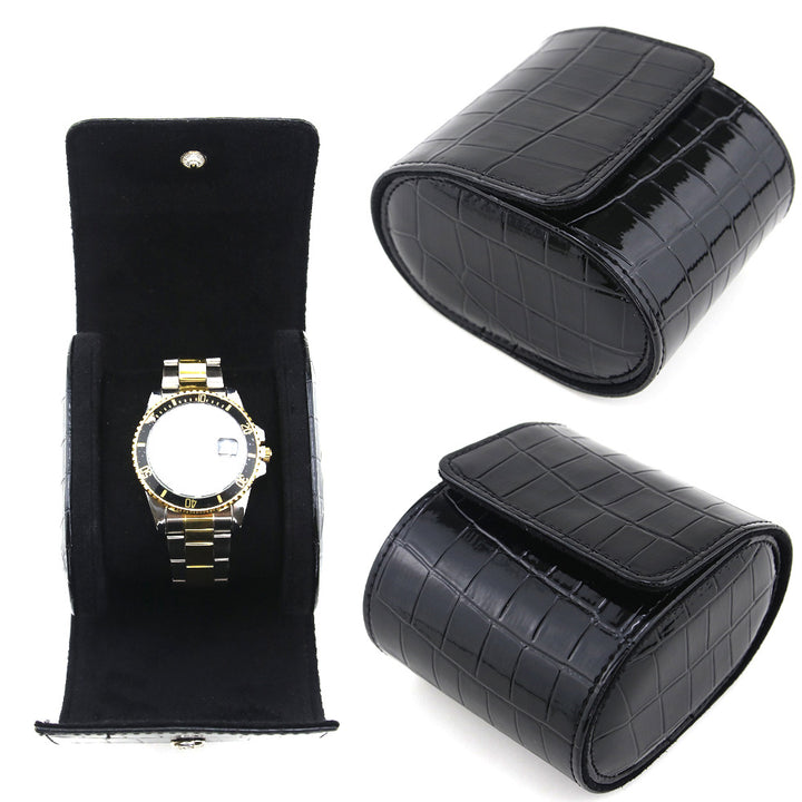 Leather Travel Watch Roll with Crocodile Embossed Exterior Bowlift