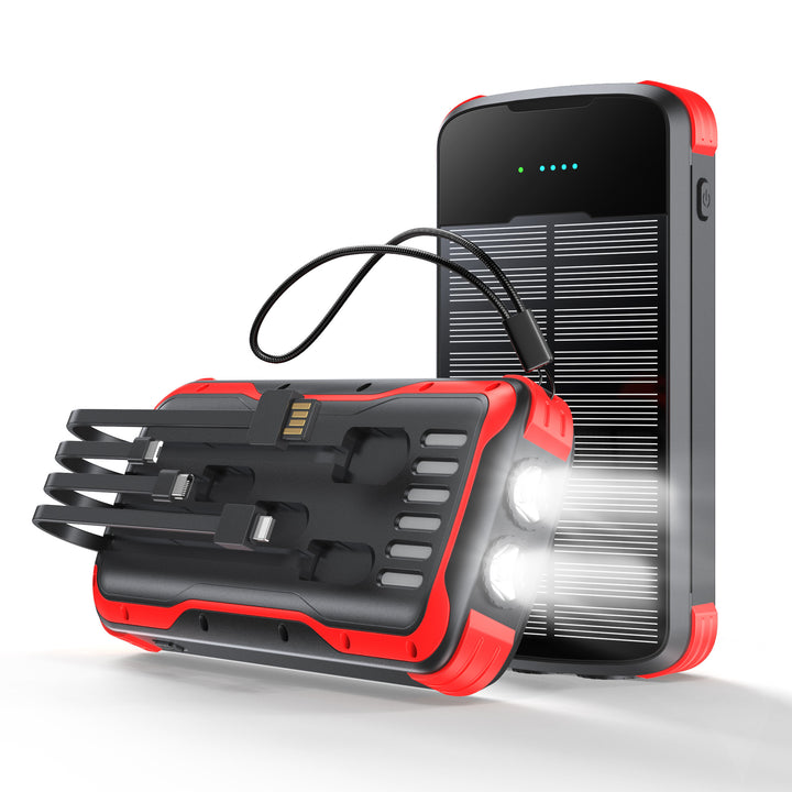 Rugged portable solar power bank with integrated LED flashlight and multi-tip charging cable Bowlift