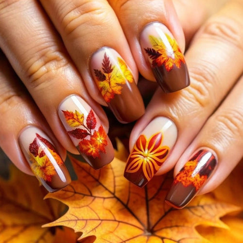 Artificial nails in elegant autumn design with leaf motifs Bowlift