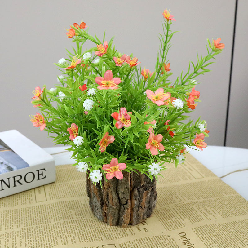 Lifelike Floral Arrangement with Rustic Wood Pot