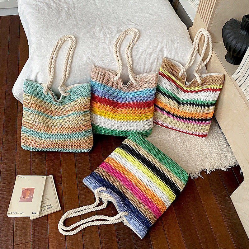Striped Crochet Beach Tote with Rope Handles and Lined Interior Bowlift
