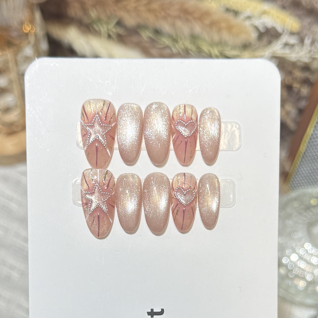 Fashionable Press-On Nail Set with Glamorous Star and Heart Designs Bowlift