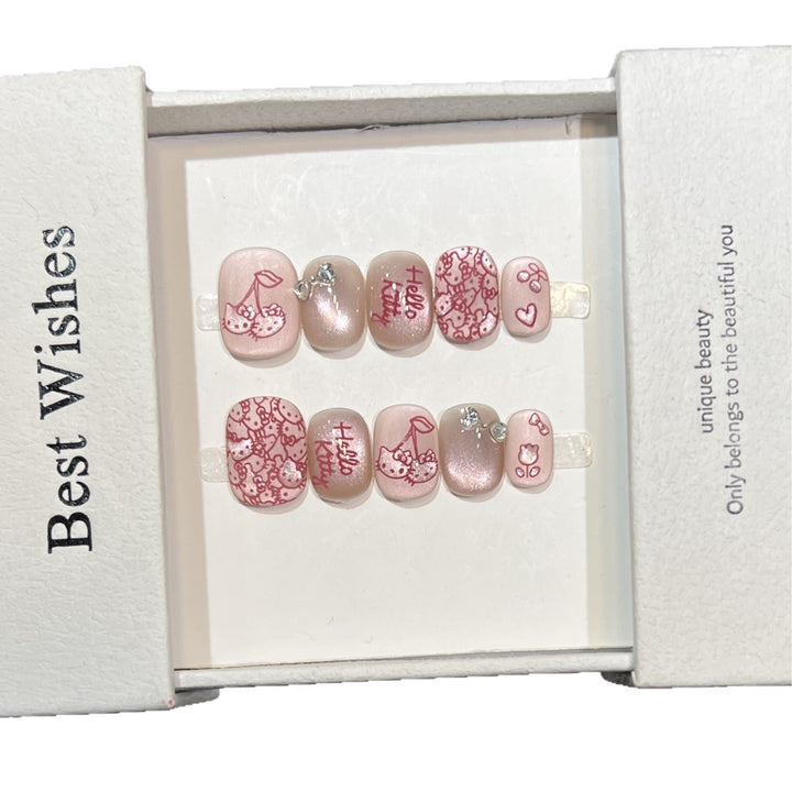 Decorative Press-On Nail Art Set with Cherry and Bow Accents Bowlift