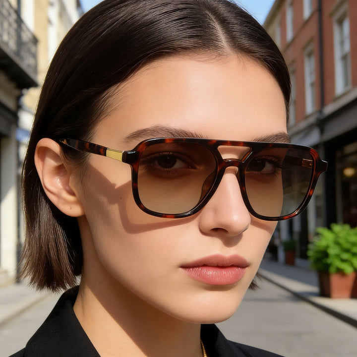 Square Aviator Sunglasses with Cutout Double Bridge and Polarized Gradient Lenses Bowlift