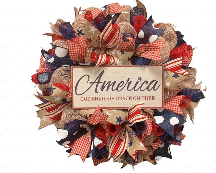 Unisex nan patriotic burlap starburst wreath with layered mesh petals and jute rosette center Bowlift
