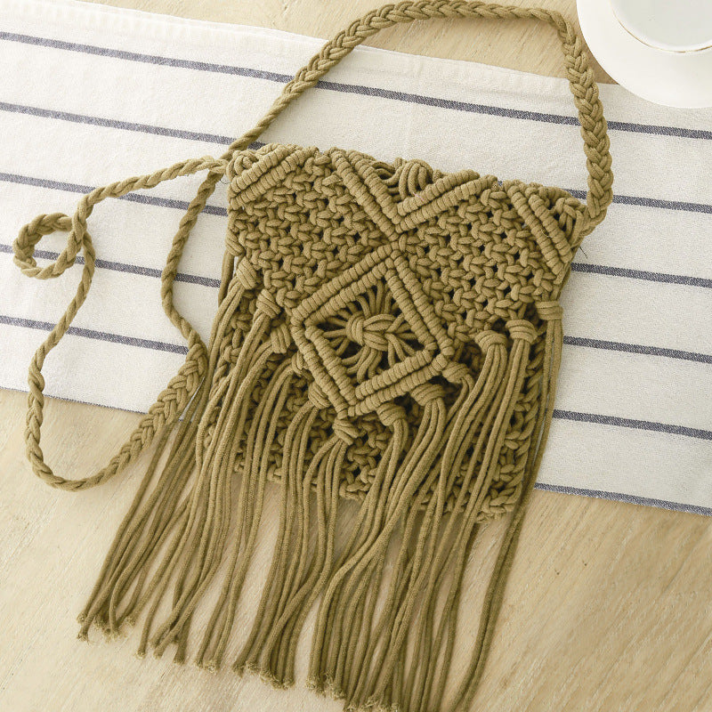 Macrame Crossbody Bag with Fringes and Decorative Details Bowlift