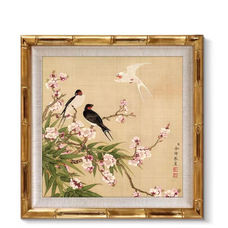 Framed Asian inspired flower bird artwork
