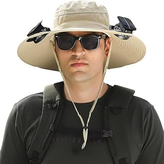 Sun Hat with Wide Brim for Outdoor Use, with Integrated Solar Cells and Adjustable Chin Strap Bowlift