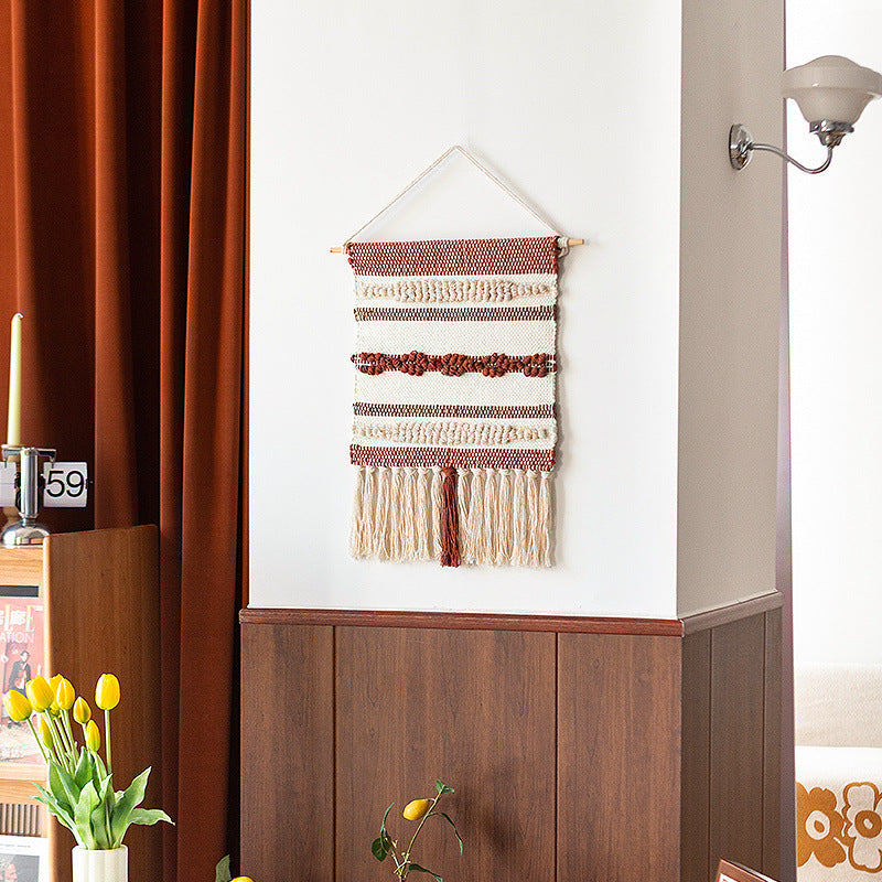 Macramé Wall Hanging with Fringe and Hand-Knotted Cotton Structure