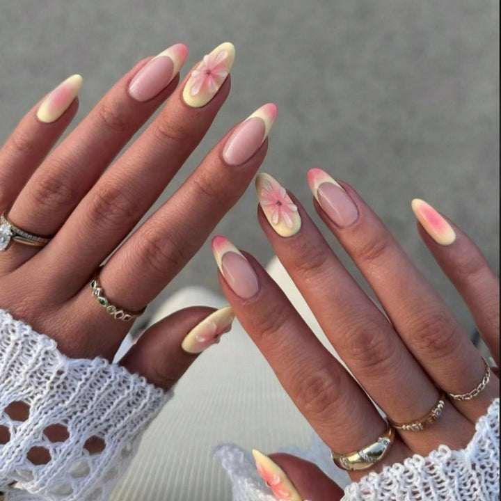 Artistic Press-On Nail Set with Floral Accents Bowlift