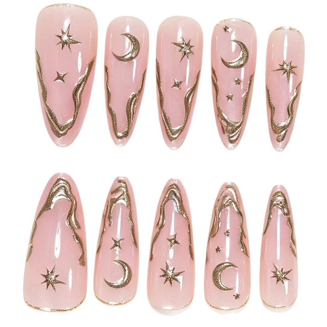 Artistic Stiletto Nail Art Tips with Celestial Accents Bowlift