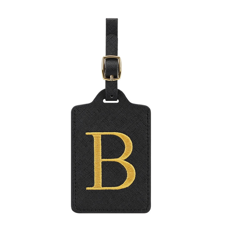 embroidered initial monogram leather luggage tag with adjustable buckle strap Bowlift