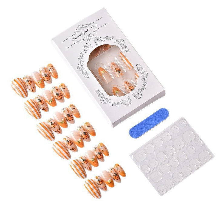 Artificial Nail Set with Autumn Pumpkin and Leaf Designs Bowlift