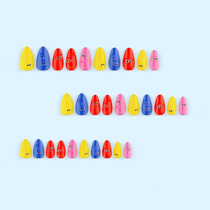 Creative artificial nails with funny faces and colorful accents Bowlift