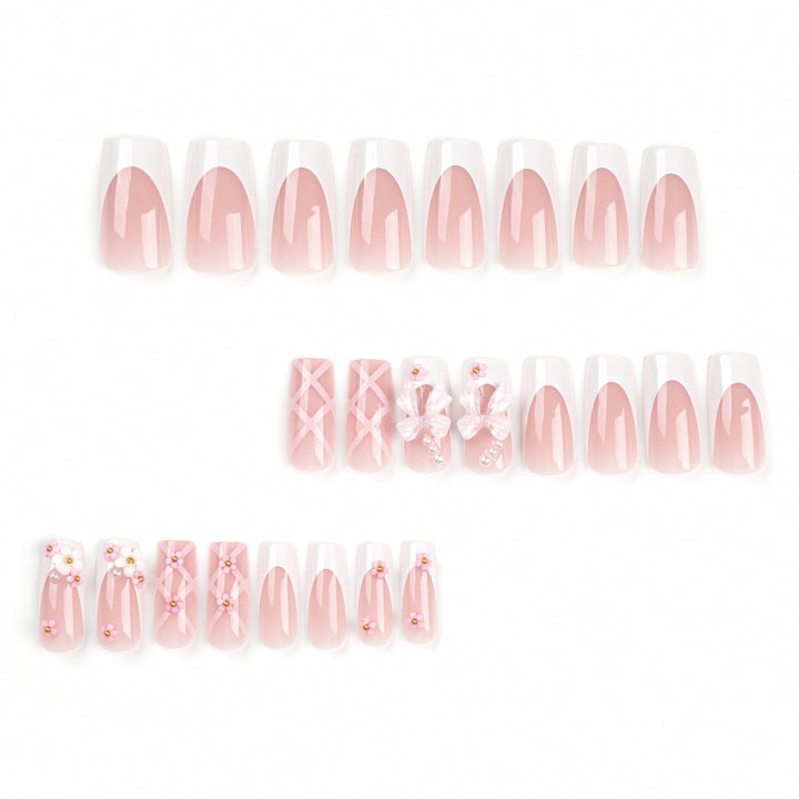 Artificial nail set with romantic 3D flowers and bow decorations Bowlift