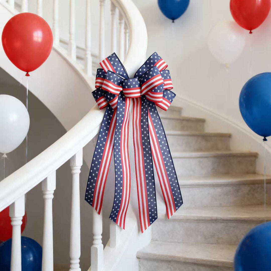 Unisex nan large patriotic star stripe ribbon bow wall hanging with long streamer tails for door wreaths and porch decor Bowlift