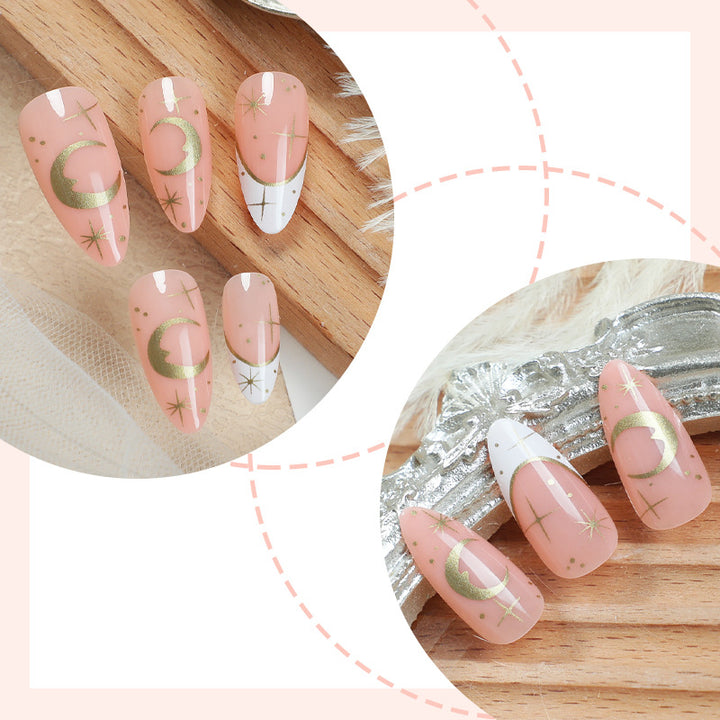 Artistic Press-On Nail Set with Geometric Moon and Star Designs Bowlift