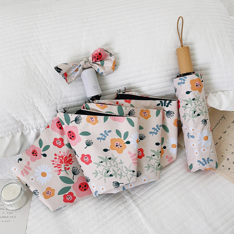 Ladies Folding Umbrella with Floral Design and Cute Details Bowlift