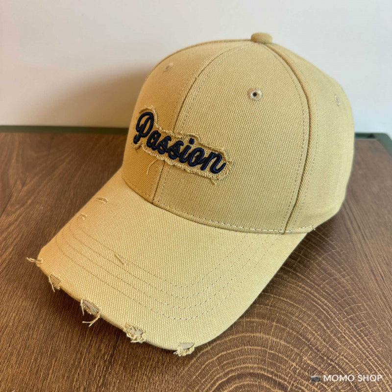 Women's Distressed Cotton Baseball Cap with Embroidered Quote Bowlift