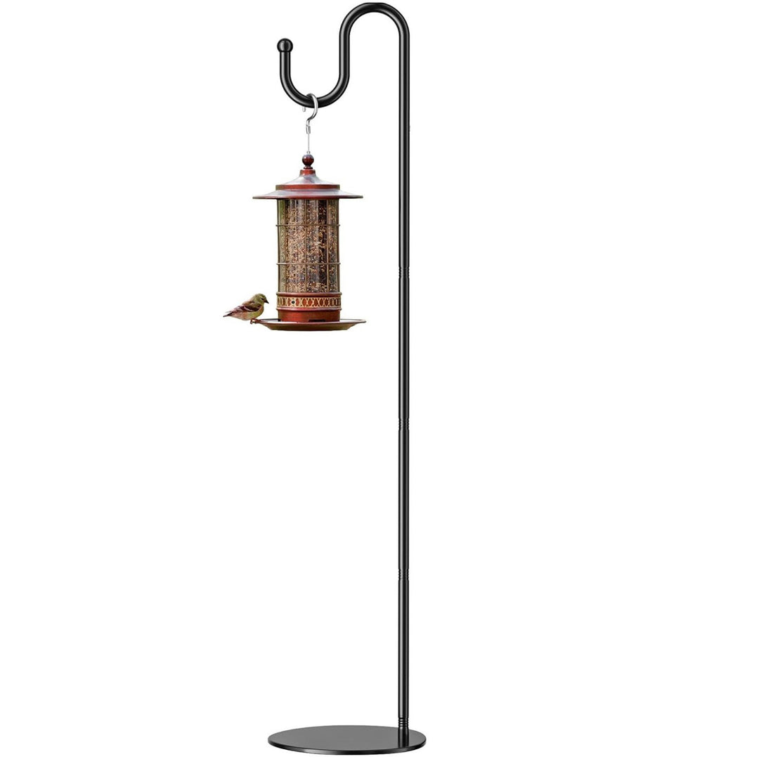Adjustable double-hook shepherd hook ground stake with anchoring fork for hanging bird feeders and lanterns Bowlift